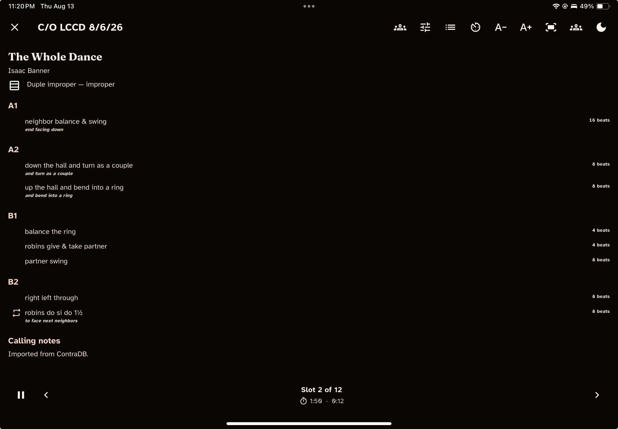 Performance mode on a tablet, showing a dance in a large-print, stage-ready view