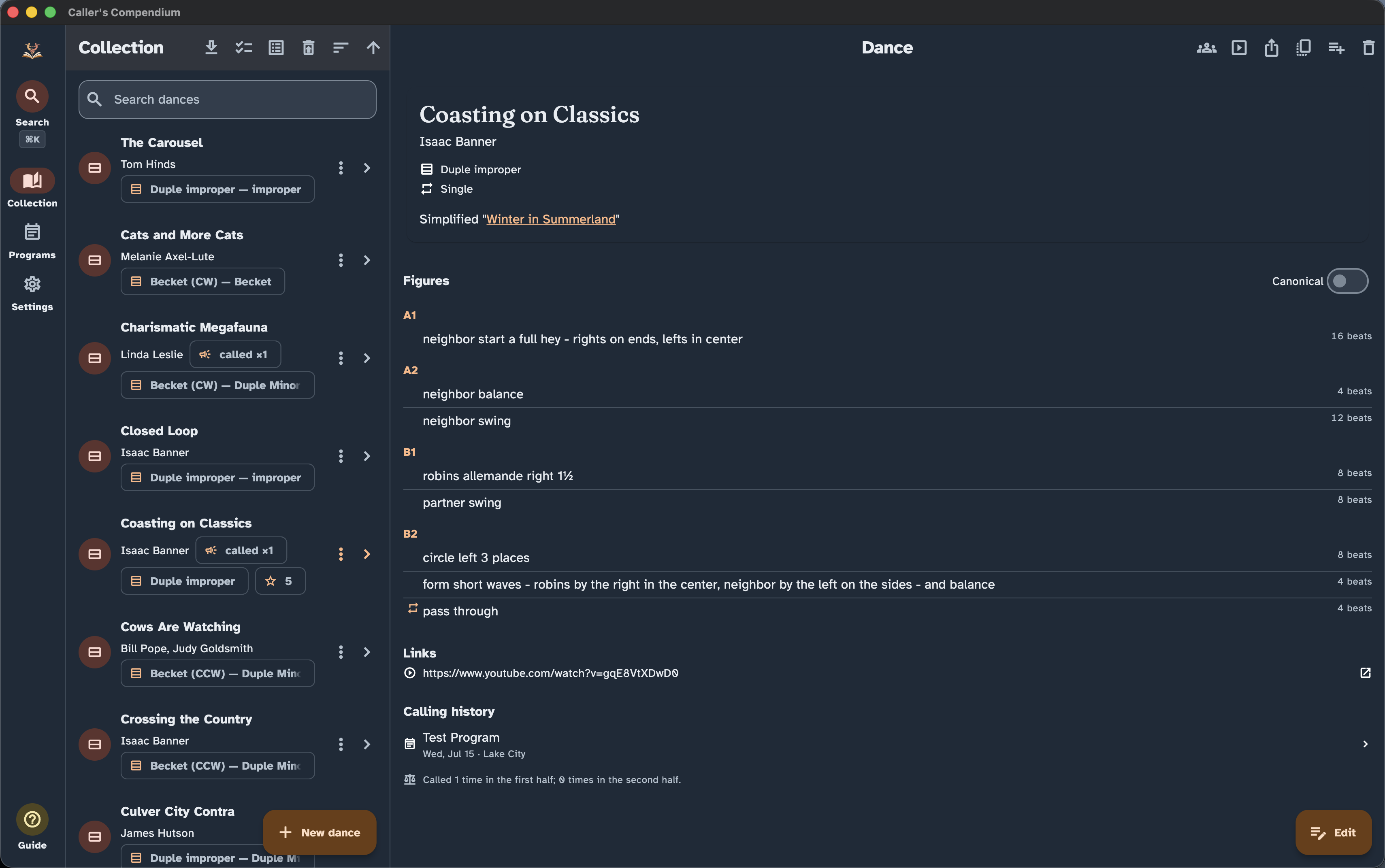 The collection browser on desktop, showing a searchable list of dances