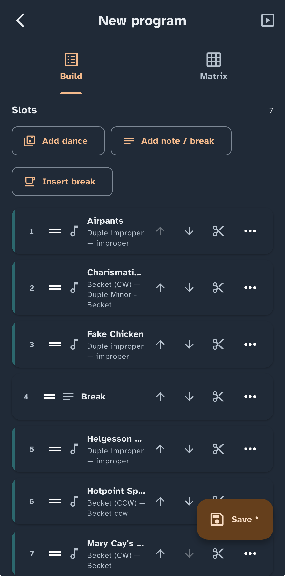 The program editor on a phone, showing a set list being built