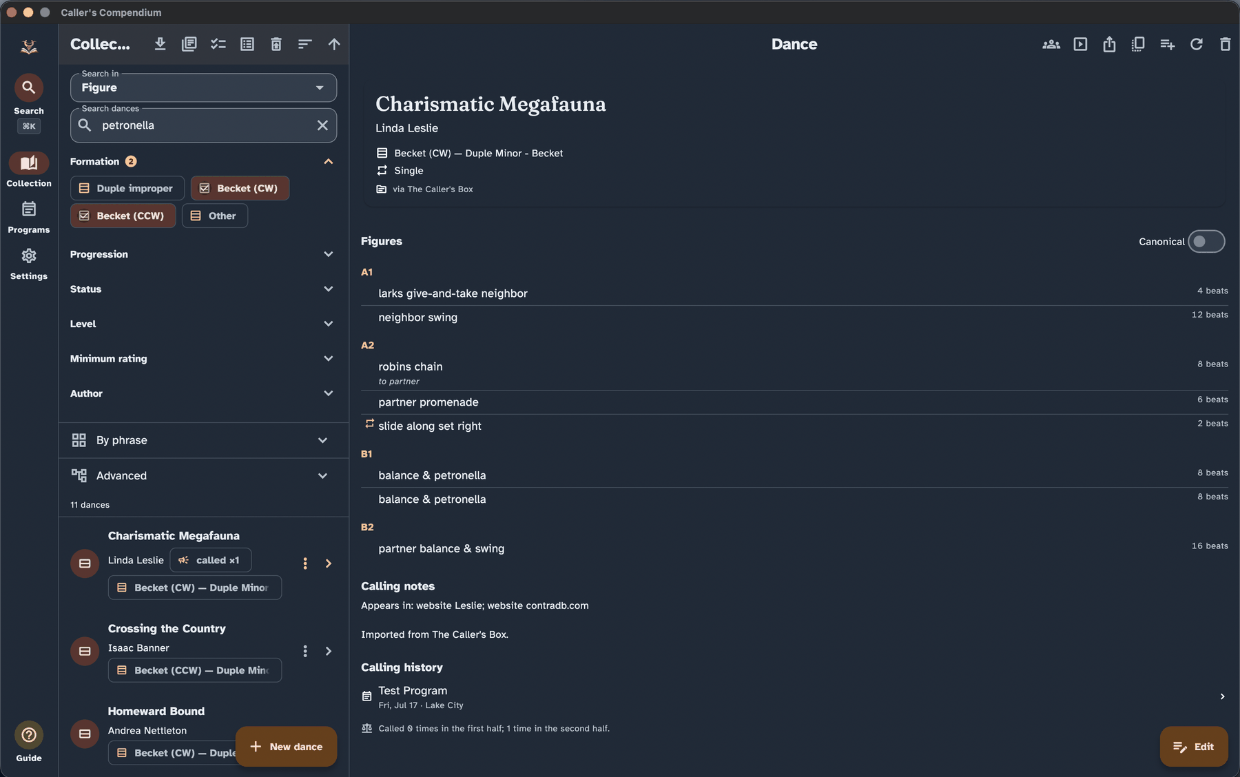 The Collection screen showing a search query with the Filters panel open and several matching dances listed