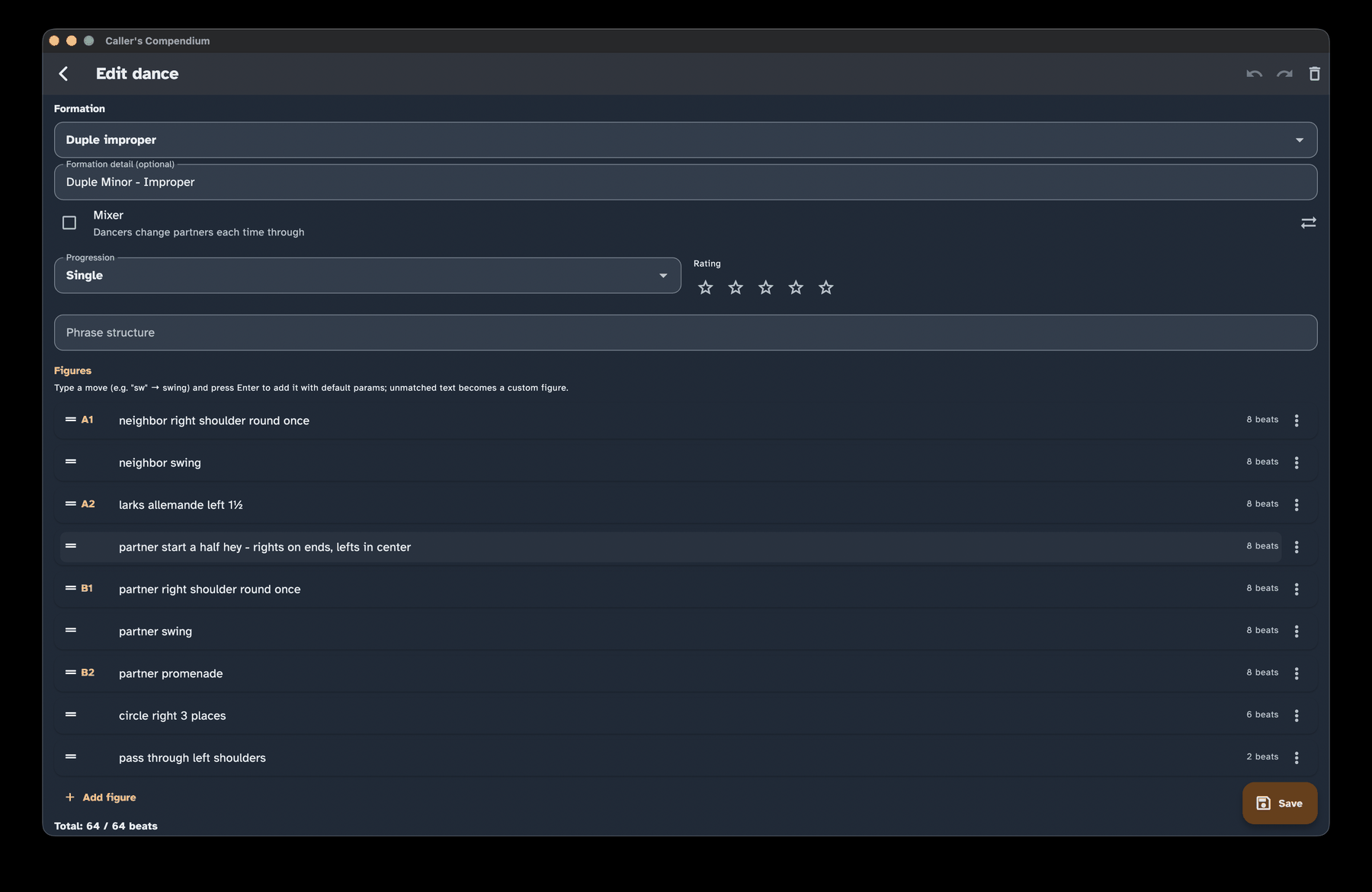 The dance editor showing figure entry in progress, recognized figure rows, and the running beat total