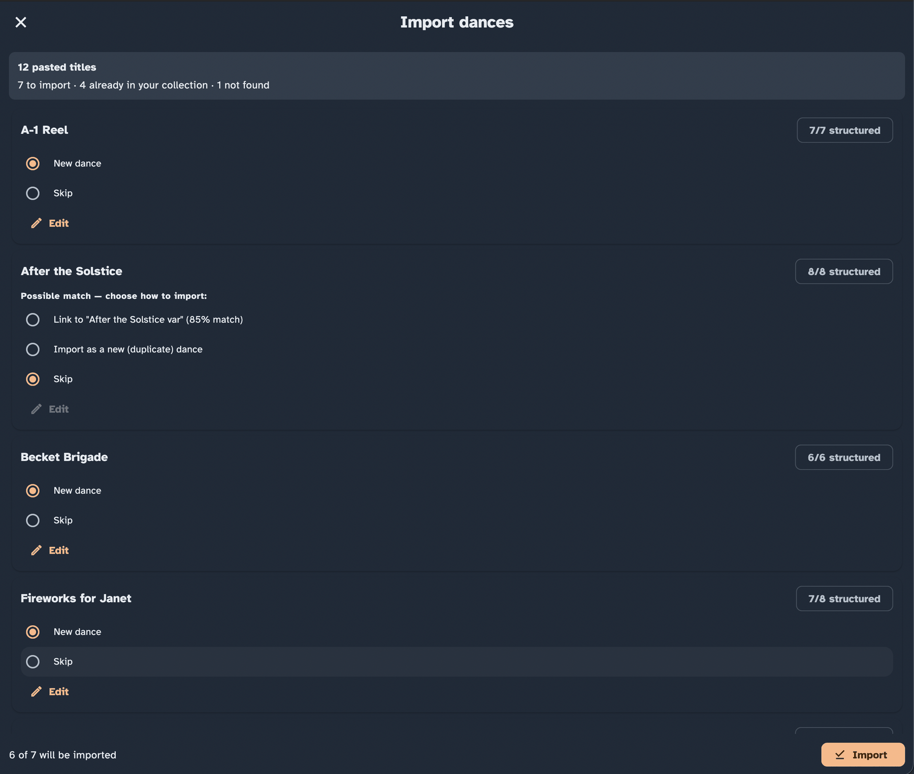 The import review screen showing per-dance results with actions to import, edit, skip, or resolve each item