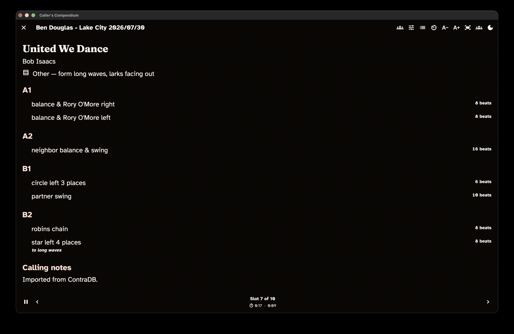 Perform mode showing a dark high-contrast dance card with large figures, navigation controls, a slot indicator, and stage actions