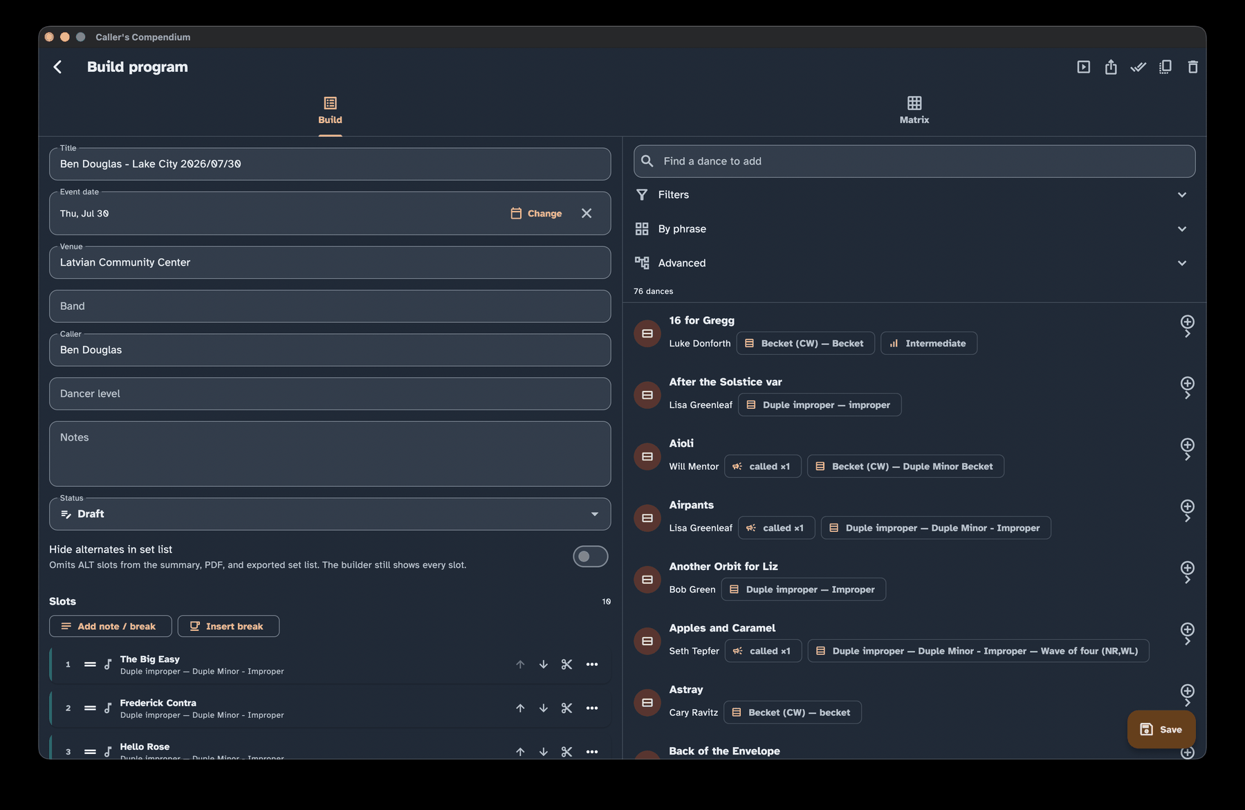 The Programs builder showing ordered program slots beside a searchable collection picker with filters