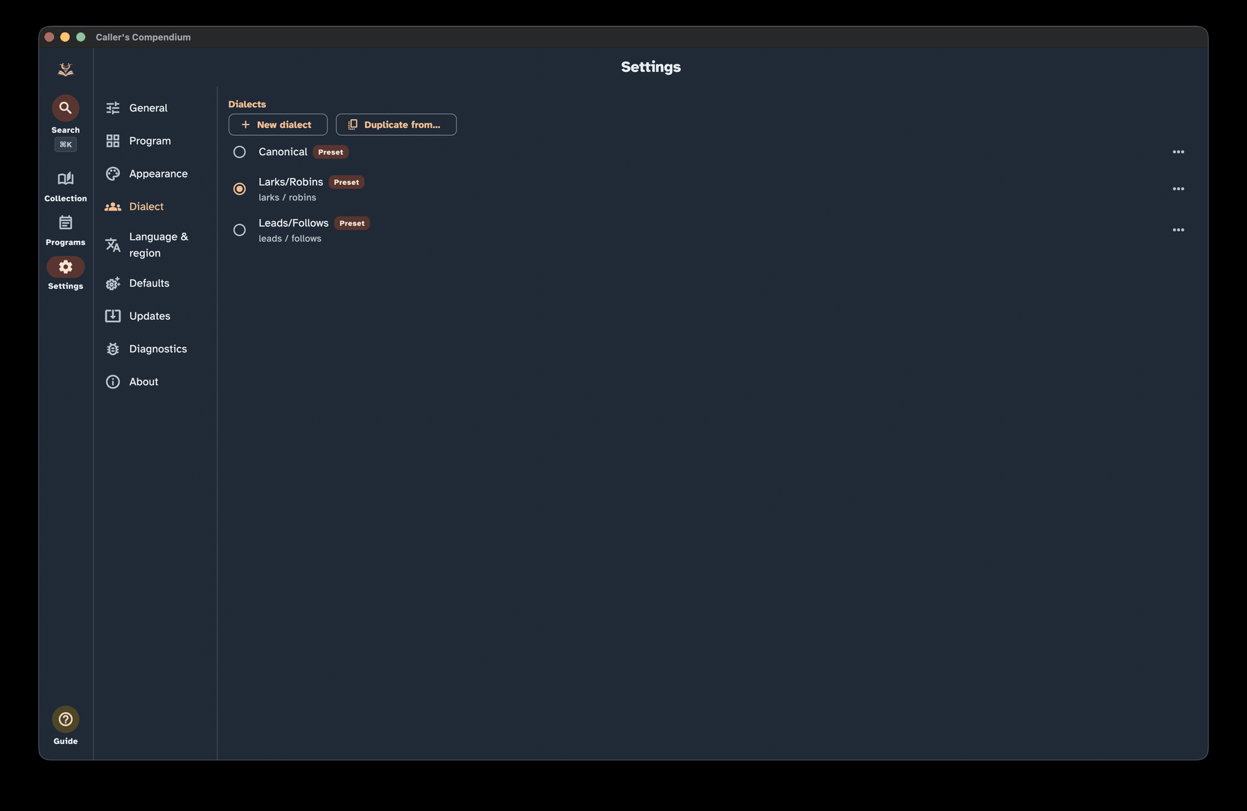 The Settings Dialect section showing the active-dialect picker and controls for managing custom role and move terms